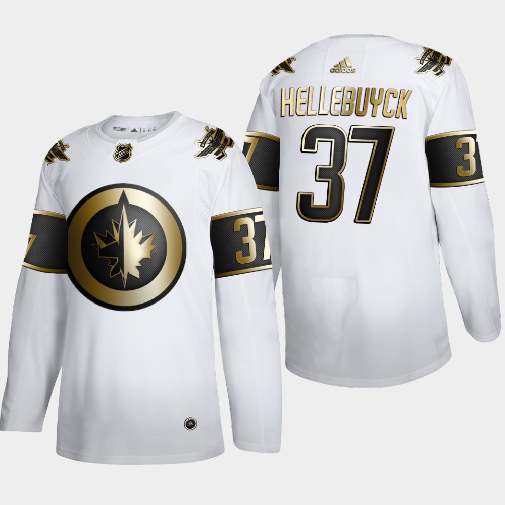 Cheap Men Winnipeg Jets 37 Connor Hellebuyck Adidas White Golden Edition Limited Stitched NHL Jersey